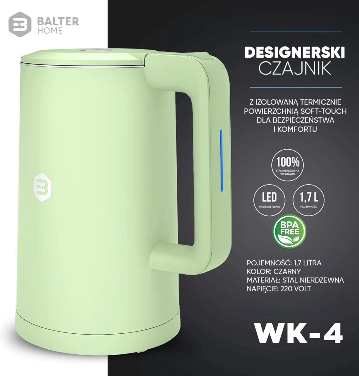 Czajnik elektryczny Balter WK-04-MT 2200 W 1,7 L miętowy - zdjęcie 4