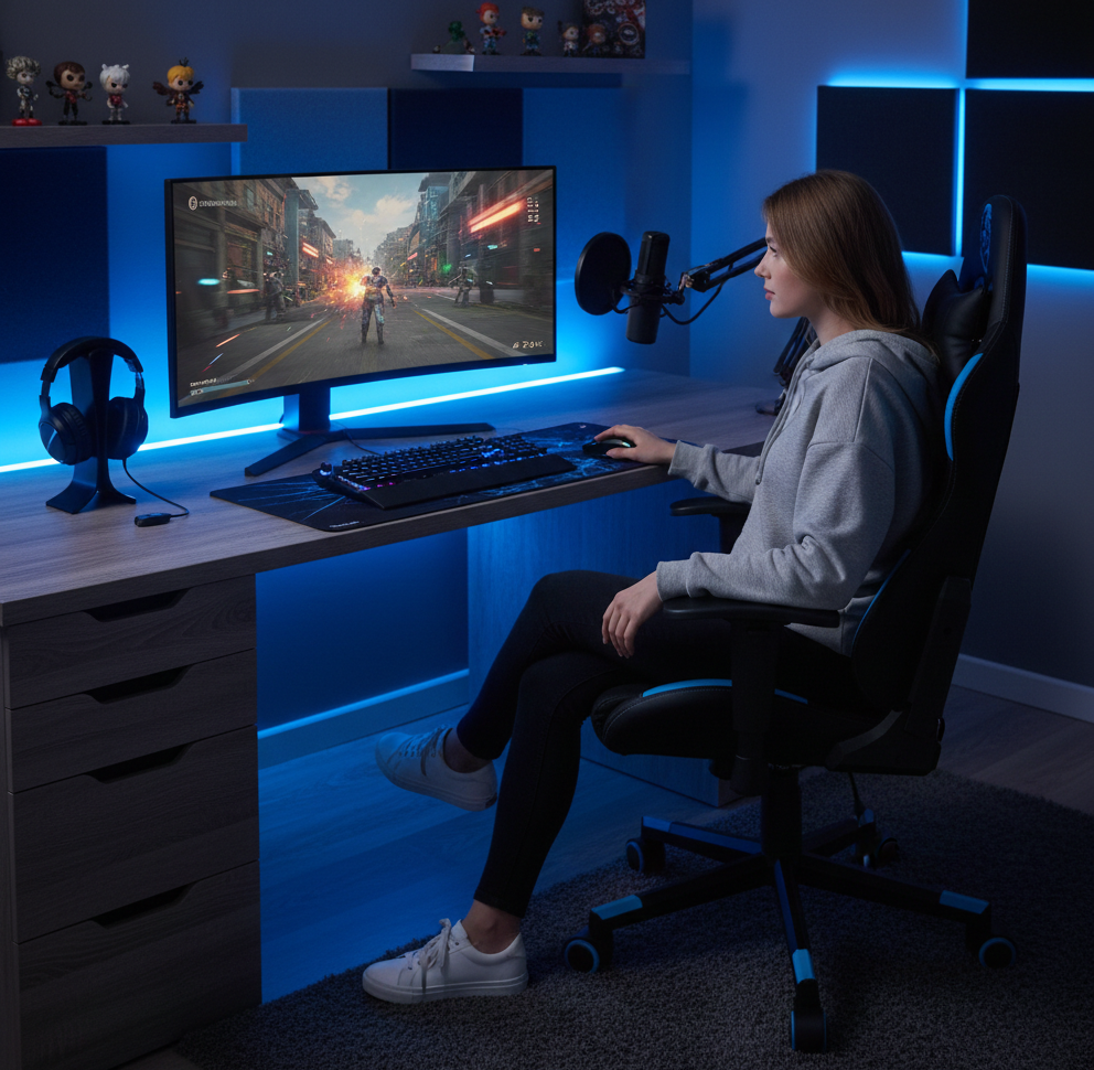 Fotel krzesło gamingowe ergonomiczne wygodne czarno-niebieskie - zdjęcie 12