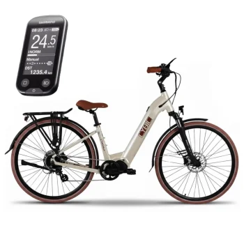 Rower elektryczny miejski Cybic Belena 26'' 39 cm Shimano 250W beżowy