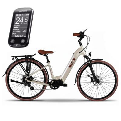 Rower elektryczny miejski Cybic Belena 26'' 39 cm Shimano 250W beżowy