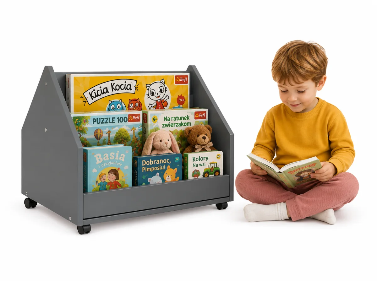 Regał Montessori na książki i zabawki dla dzieci na kółkach – grafit 60 cm