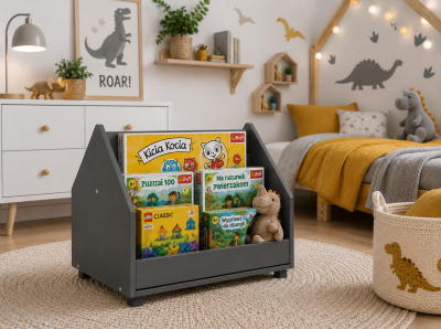 Regał Montessori na książki i zabawki dla dzieci na kółkach – grafit 60 cm