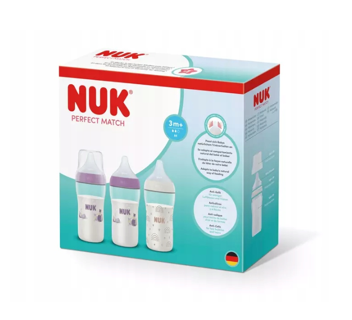Butelki Zestaw 3szt NUK Perfect Match 260ml Antykolkowe 3m+ WSKAŹNIK TEMP