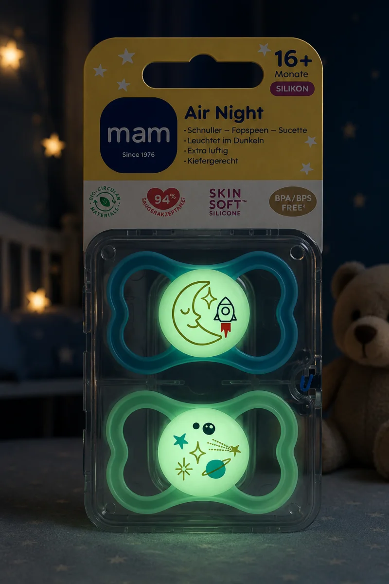 Smoczki MAM Air Night 16m+ 2szt świecące silikon SkinSoft księżyc kosmos #zdjecie6