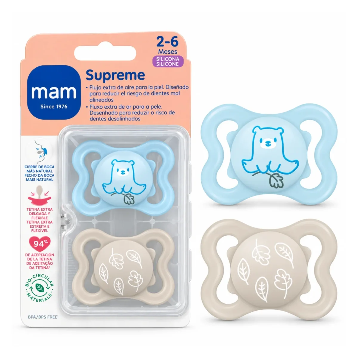 Smoczek uspokajający MAM Supreme 2-6 m silikonowy 2 szt. niebieski miś #zdjecie4