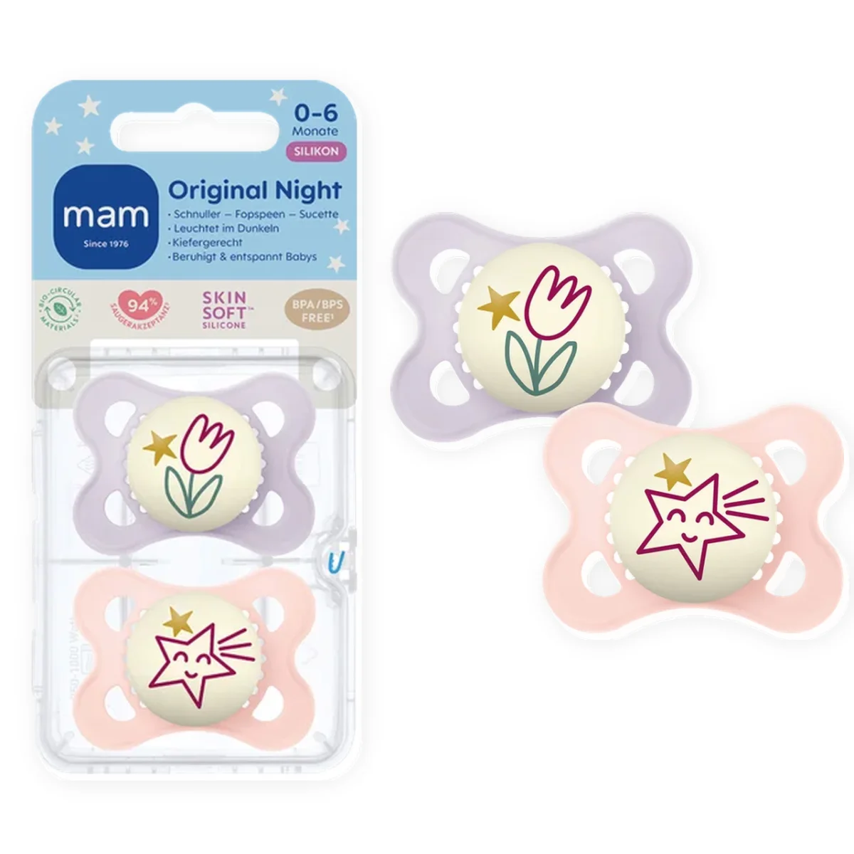 Smoczek MAM Original Night 0-6 m świecący w nocy silikon 2 szt. tulipan box #zdjecie2