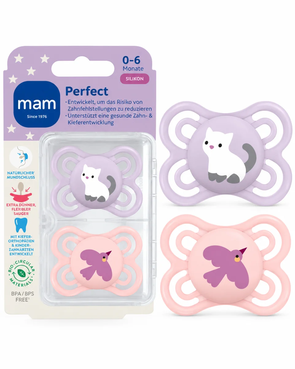 Smoczek MAM Perfect 0-6 m silikon 2 szt. kotek ptaszek róż liliowy pudełko #zdjecie2