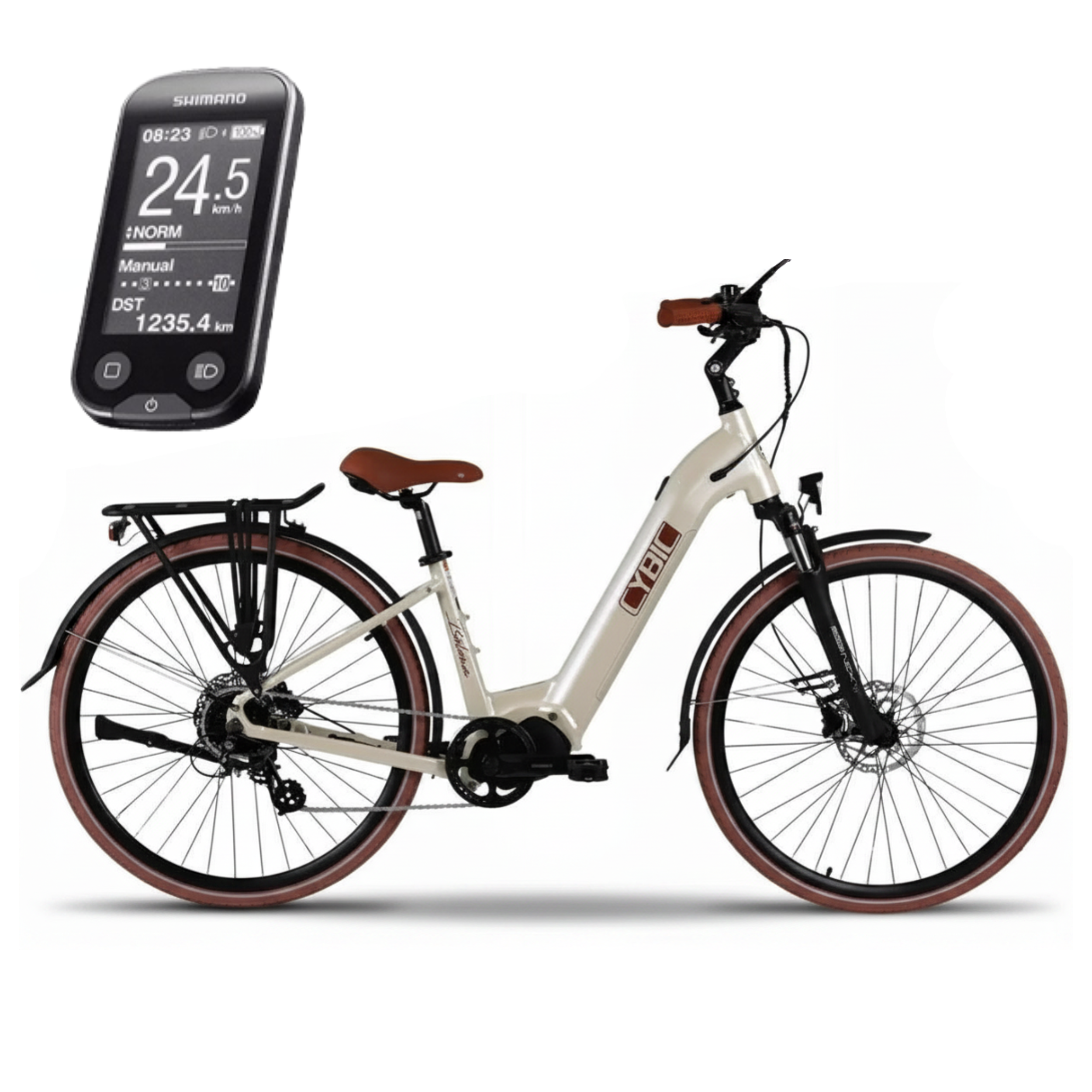 Rower elektryczny miejski Cybic Belena 26'' 39 cm Shimano 250W beżowy