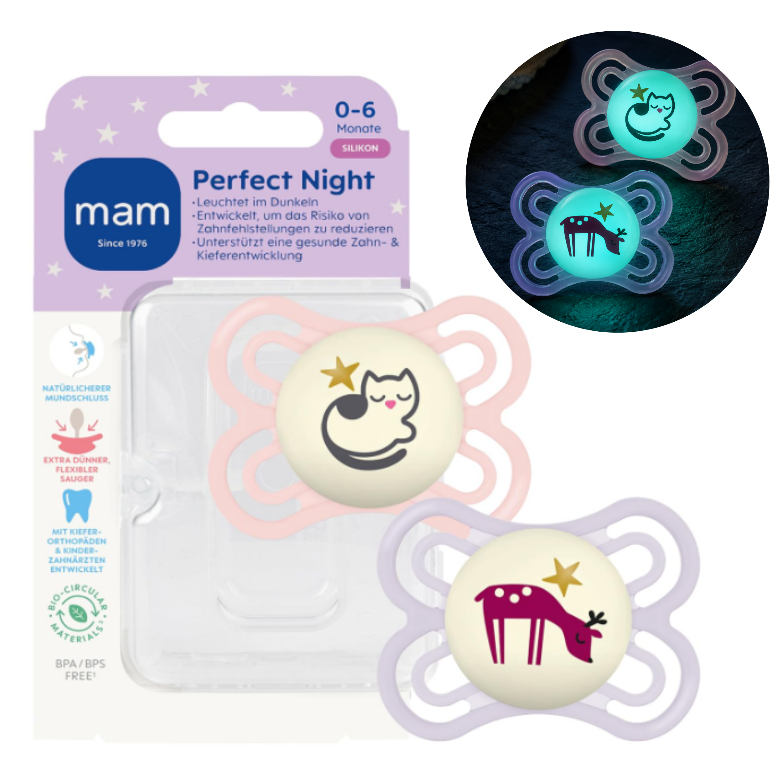 Smoczek MAM Perfect Night Świecący 0-6m 2szt Kot Sarna Pudełko Silikon #zdjecie1