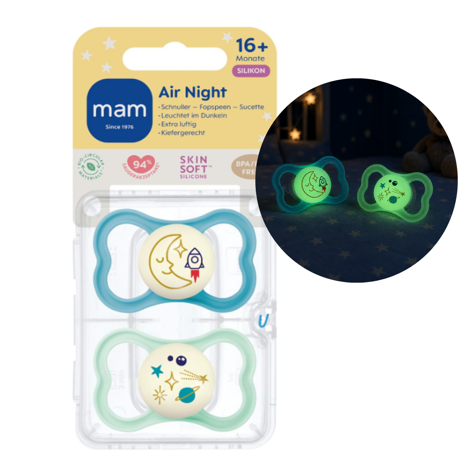 Smoczki MAM Air Night 16m+ 2szt świecące silikon SkinSoft księżyc kosmos #zdjecie7