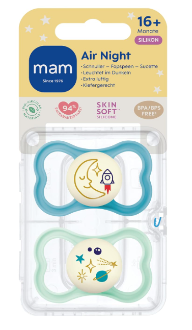 Smoczki MAM Air Night 16m+ 2szt świecące silikon SkinSoft księżyc kosmos #zdjecie8