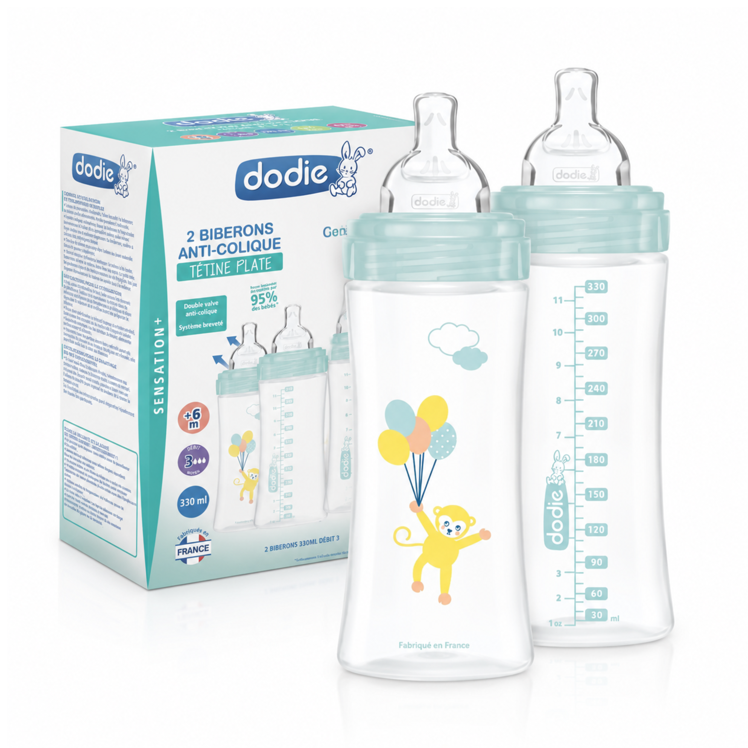 Butelki antykolkowe Dodie Sensation+ 330ml 2szt 6m+ przepływ 3 zielone #zdjecie1