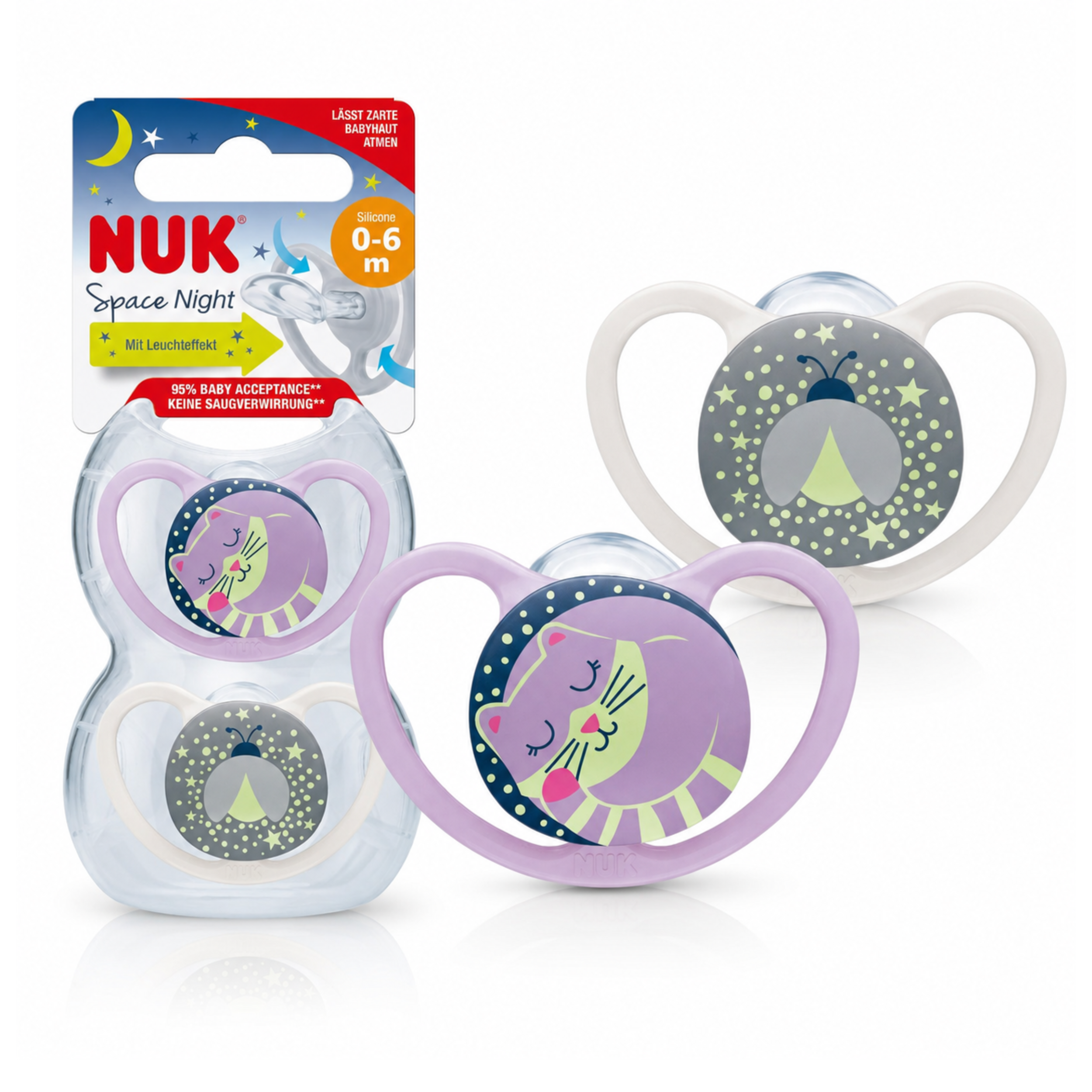 Smoczki NUK Space Night 6-18m 2szt świecące silikon duże otwory kot #zdjecie2