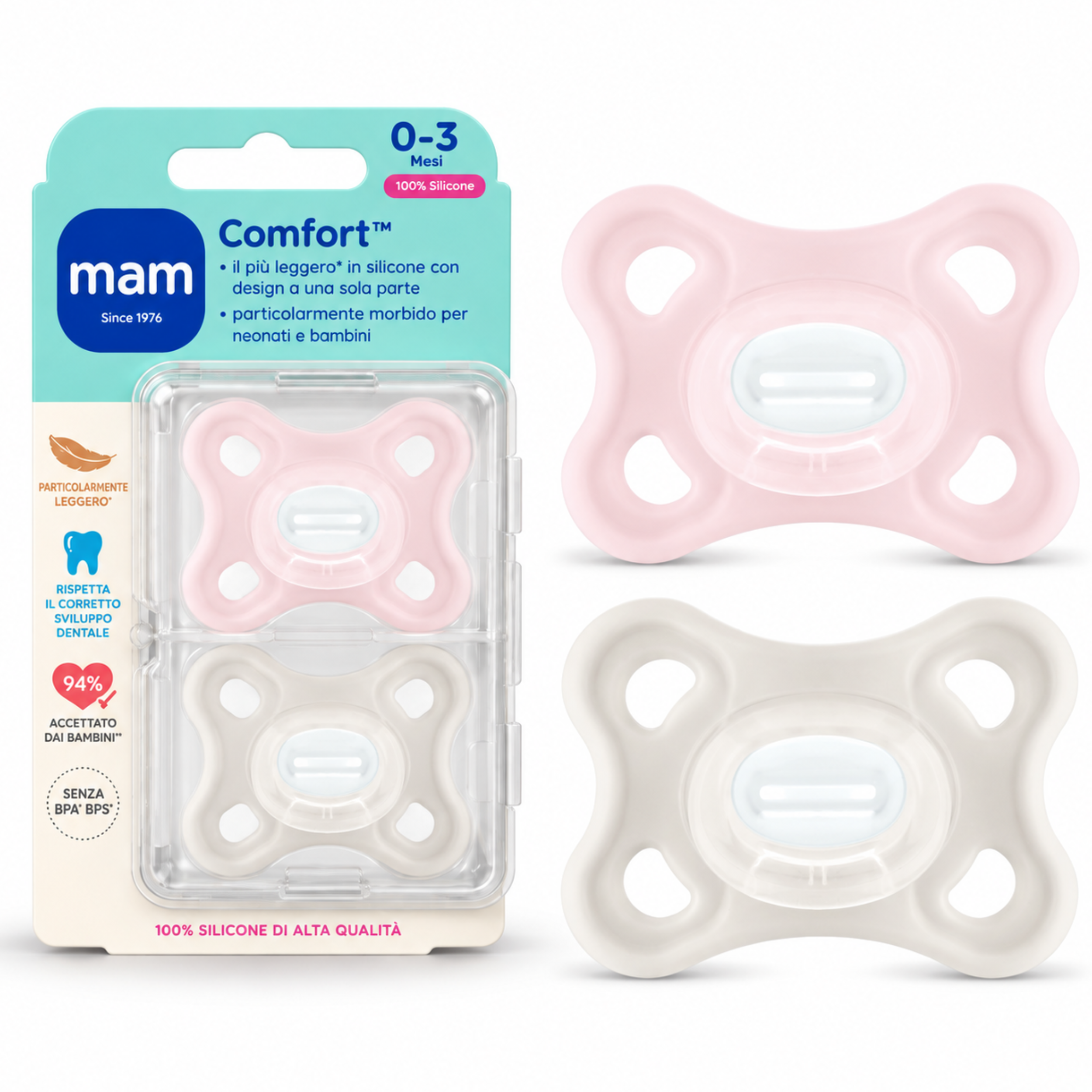 Smoczki MAM Comfort 0-3m 2szt 100% silikon lekkie miękkie róż beż #zdjecie4