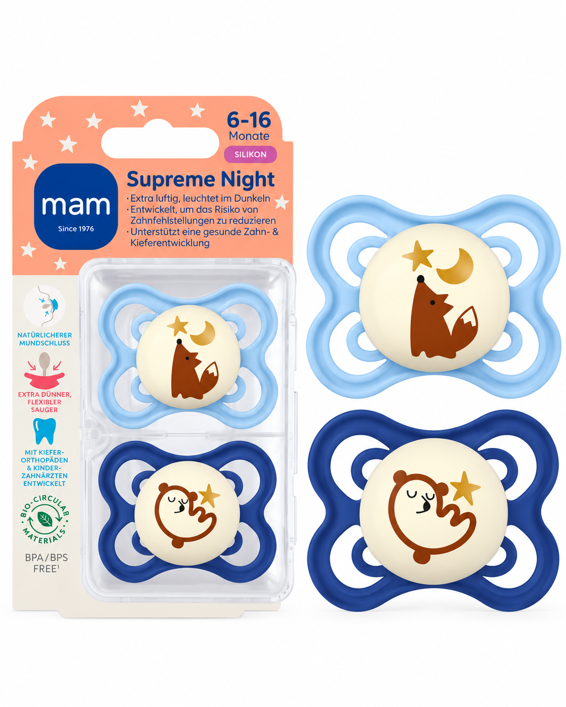 Smoczek MAM Supreme Night 6-16 m świecący silikon 2 szt. lisek miś pudełko #zdjecie2