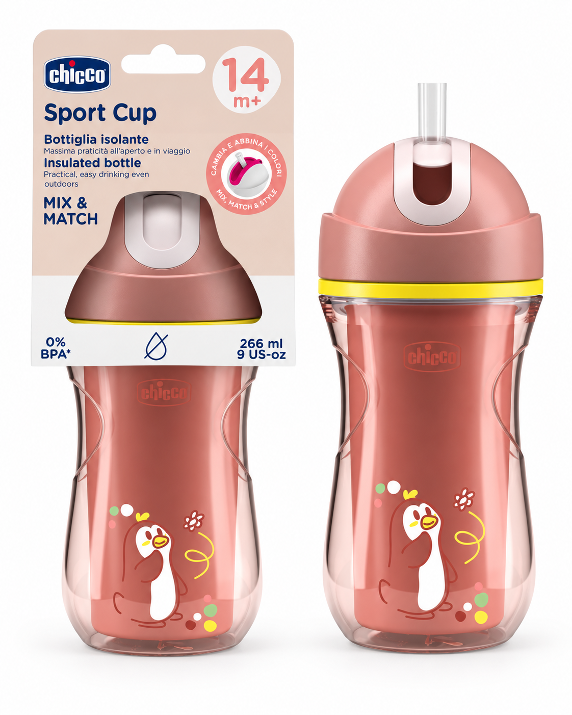 Kubek termiczny ze słomką Chicco Sport Cup 266 ml 14m+ pingwin różowy box #zdjecie2