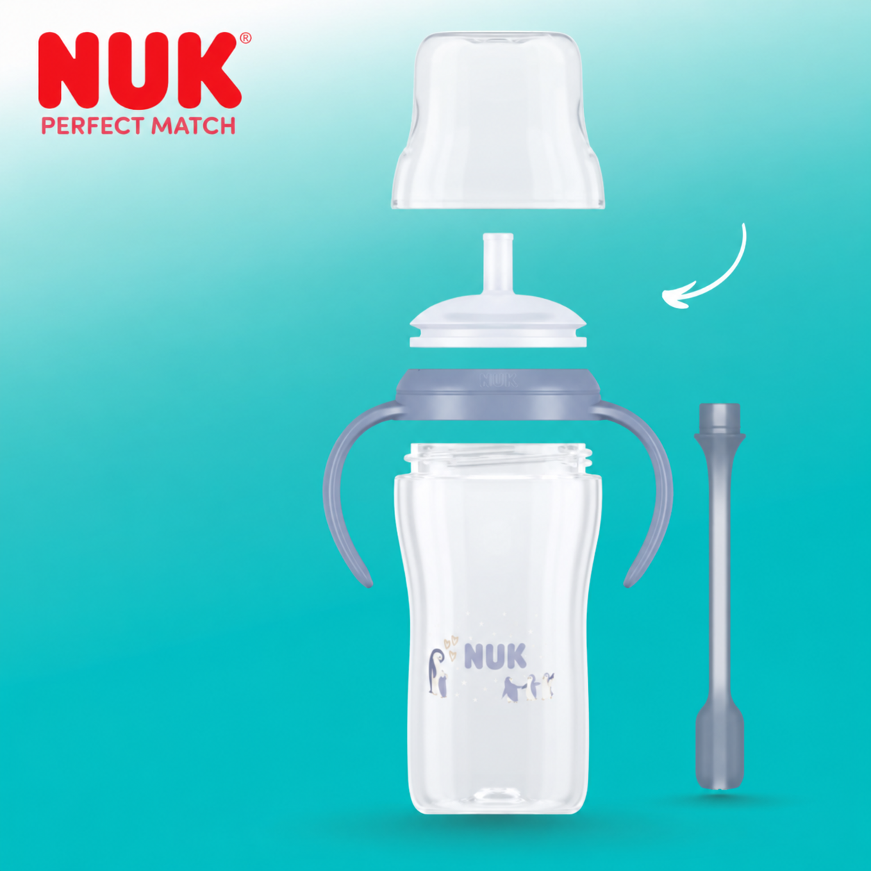 Kubek ze słomką NUK Perfect Match 260 ml 8m+ niekapek z uchwytami pingwin #zdjecie6